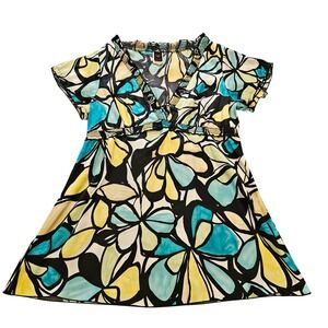 Vintage Wrapper Womens XL Floral Empire Waist Top V-Neck Smocked Babydoll Yellow